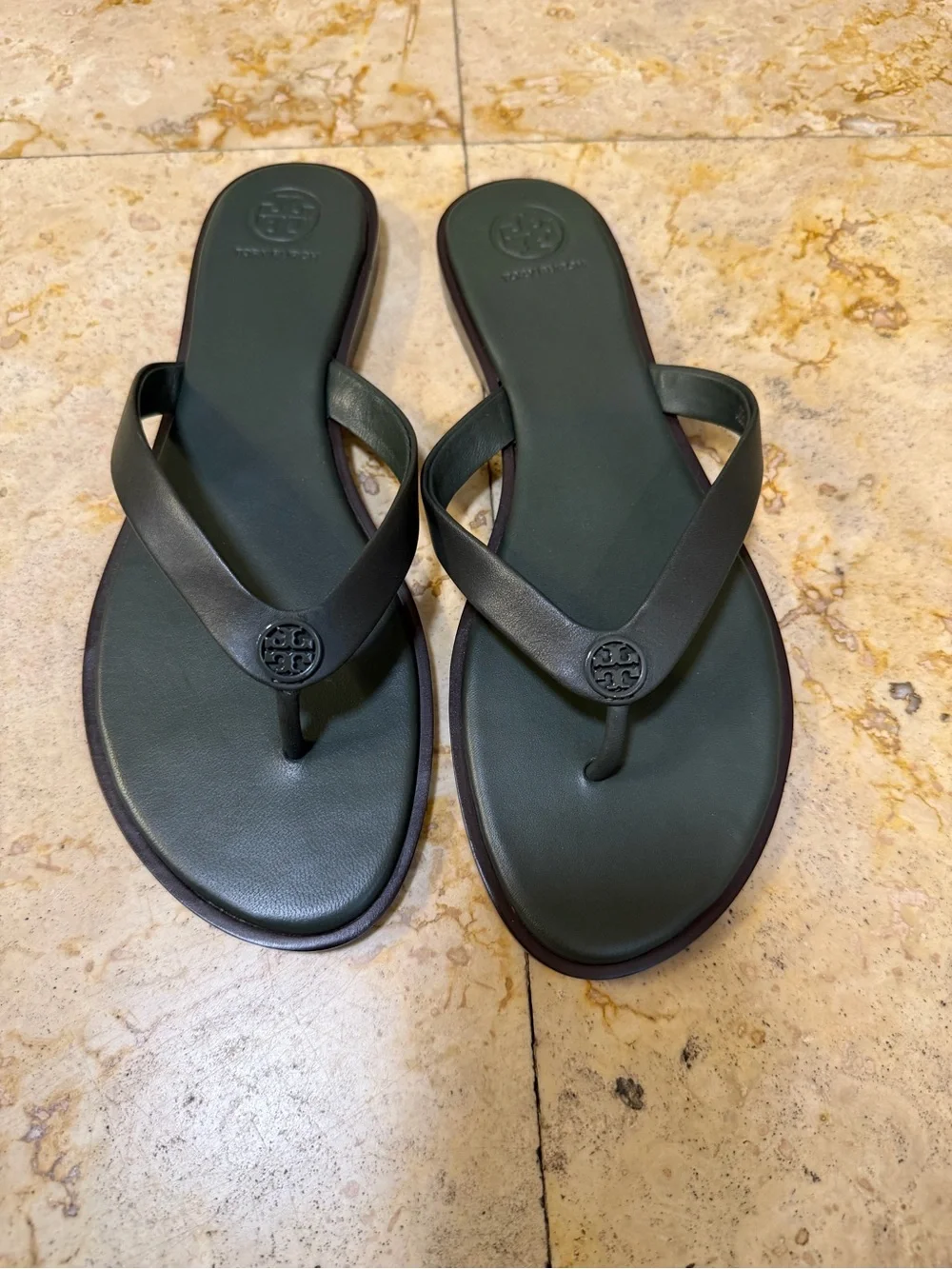 Tory Burch Dark Olive Logo Thong Sandals